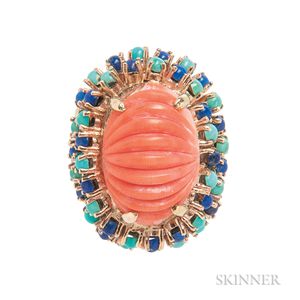 14kt Gold, Coral, Lapis, and Turquoise Ring