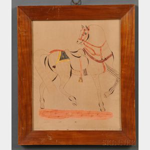 American School, 19th Century Schoolboy Calligraphic Picture of a Saddled Horse.