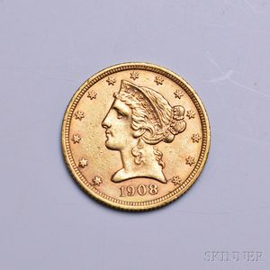 1908 Liberty Head Five Dollar Gold Coin. 
