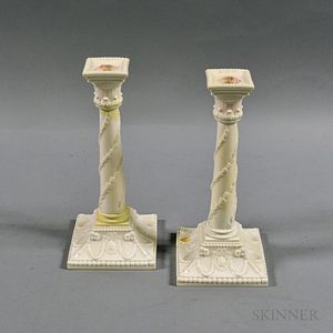 Pair of Royal Worcester Porcelain Columnar Candlesticks