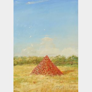 Adam Cvijanovic (American, b. 1960) Three Harvest Landscapes: Pyramid of Apples Before an Orchard , Hay Bales