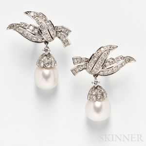 14kt White Gold, Cultured Pearl, and Diamond Earpendants