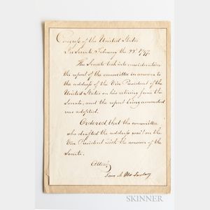 Otis, Samuel Allyne (1740-1814) Document Signed February 22, 1797, Referring to John Adams' Retirement from the Senate.