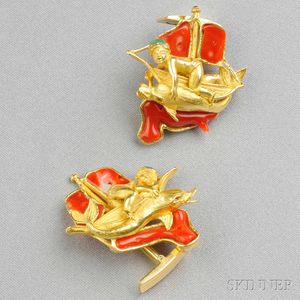 18kt Gold, Coral, and Emerald Figural Cuff Links