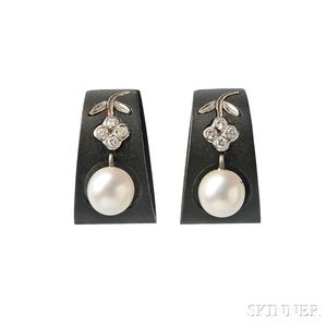 Patinated Steel, Cultured Pearl, and Diamond Earclips, G.T. Marsh & Co.