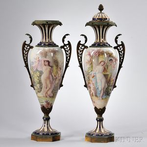 Pair of Bronze-mounted Sevres-style Vases and Cover