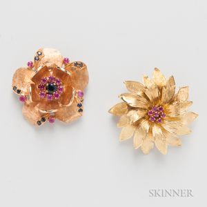 Two Gold Floral Brooches