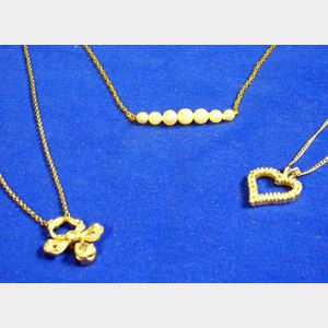 One Gold and Pearl and Two Gold and Diamond Pendant Necklaces.