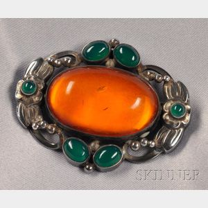 Sterling Silver, Amber, and Green Onyx Brooch, Georg Jensen
