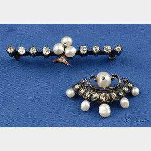 Two Antique Pearl and Diamond Pins