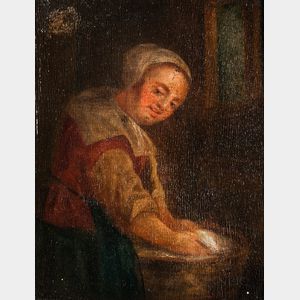Manner of Gabriel Metsu (Dutch, 1629-1667) Laundress at Work in an Interior