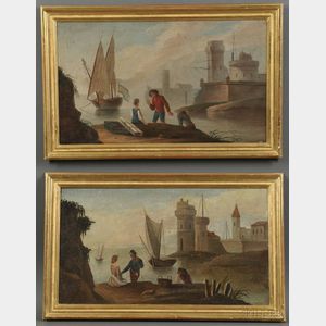 Continental School, 19th Century Two Works Depicting Travelers in Coastal Towns