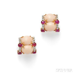 18kt Gold, Angelskin Coral, Ruby, and Diamond Earclips, Emis