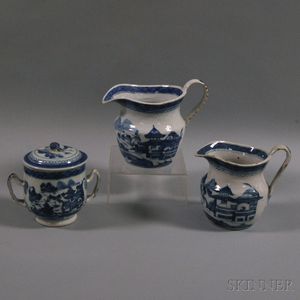 Two Canton Porcelain Pitchers and a Covered Sugar Bowl