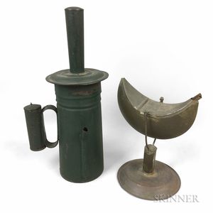 Green-painted Tin Whaling Torch and a Gimballed Oil Lamp