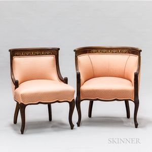 Two Edwardian Inlaid and Upholstered Mahogany Barrel-back Chairs