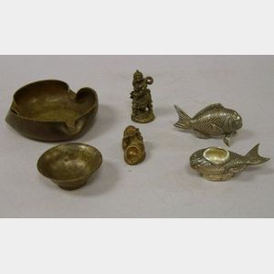 Two Small Asian Bronze Figures, an Ashtray, Cup, and Two Silver Plated Fish Figures.