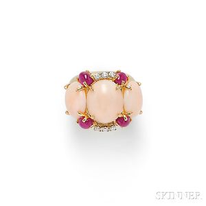18kt Gold, Angelskin Coral, Ruby, and Diamond Ring, Emis