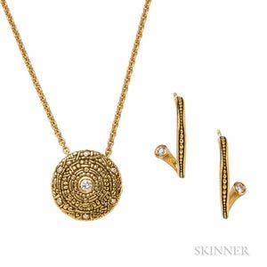 18kt Gold and Diamond Pendant and Earrings, Alex Sepkus