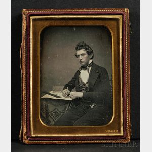 Quarter Plate Daguerreotype Portrait of a Man Seated at a Table with Slide Rule and Compass
