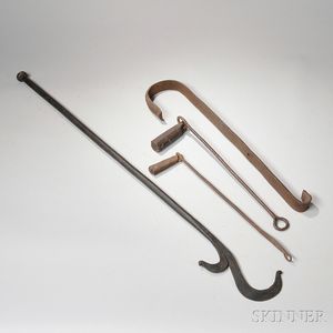 Two Large Wrought Iron Hearth Hooks and Two Wrought Iron Weights
