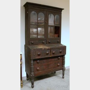 Late Federal Glazed Carved Mahogany Writing Desk/Bookcase