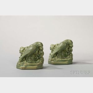 Pair of Rookwood Green Matte-glazed Raven Bookends