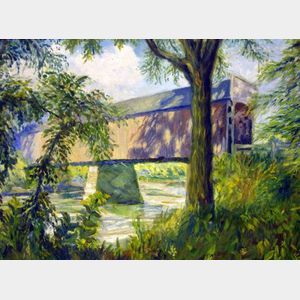 Framed Oil Depicting a Covered Bridge