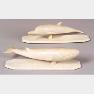 Carved Whalebone Right Whale and Dolphin Figures