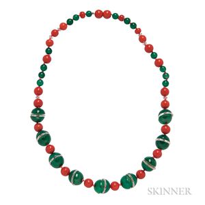Art Deco Chalcedony, Coral, and Faceted Rock Crystal Bead Necklace