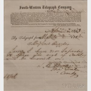 Buckner, Simon Bolivar (1823-1914) Signed Telegram Form. Mobile, Alabama, 2 April 1865.