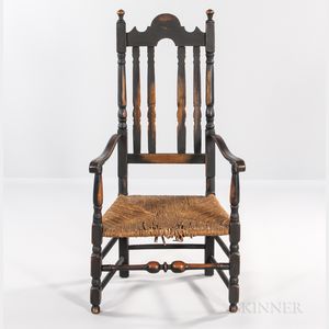 Black-painted Bannister-back Rush-seat Armchair