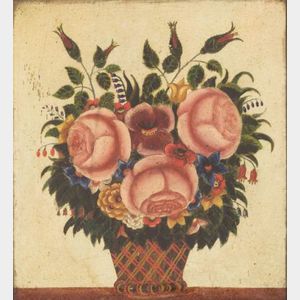 American School, 19th Century Still Life of a Basket of Flowers.