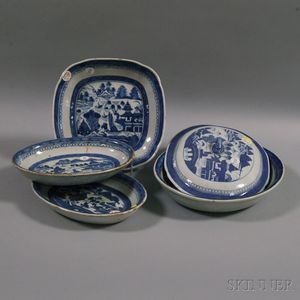 Five Blue and White Canton Porcelain Items