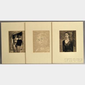 Johann Robert Schürch (Swiss, 1895-1941) Three Works: Three-quarter-length Portrait of a Woman with Downcast Gaze, Two Women
