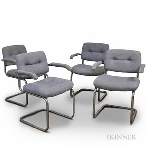 Four Chromecraft Tubular Steel Upholstered Armchairs