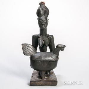 Yoruba Black Patinated Carved Wood Divination Figure with Lidded Bowl