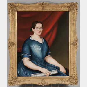 American School, 19th Century Portrait of Georgiana Brackett of Newton, Massachusetts, in a Blue Dress