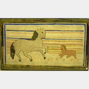 Horses and Linear Pattern Hooked Rug