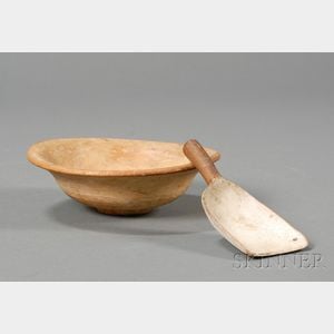 Small Turned Wooden Bowl and a Carved White-painted Scoop