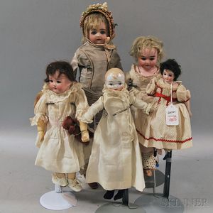 One Small China and Four Bisque Head Dolls