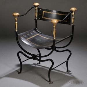 Brass, Iron, and Leather Curule Armchair