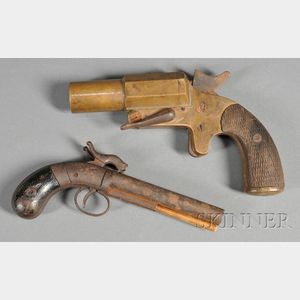 Double-barrel Percussion Pocket Pistol and a Brass Flare Pistol