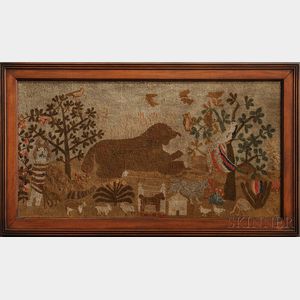 Fanciful Pictorial Needlework Picture of Animals, Trees, and Flowers