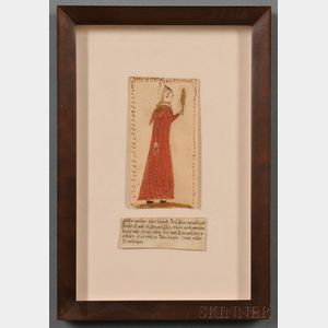 Framed Fraktur of a Lady Wearing a Red Gown and Holding a Yellow Feather
