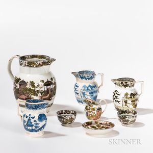 Eight Transfer-printed Chinoiserie Pattern Vessels