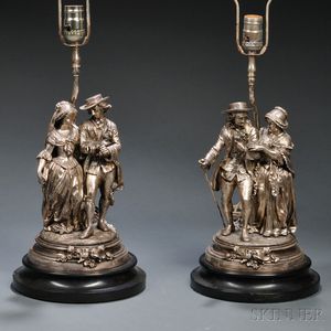 Near Pair of Silvered Bronze Figural Lamp Bases