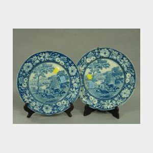 Pair of Staffordshire Blue and White Deer in Landscape Transfer Decorated Plates.