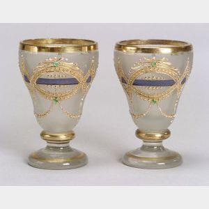 Six Bohemian Frosted Colorless, Parcel Gilt and Faux Jeweled Sherry Glasses