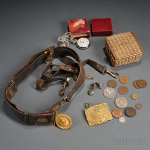 Group of Gilt Naval Buckles and Liberty Head Coins